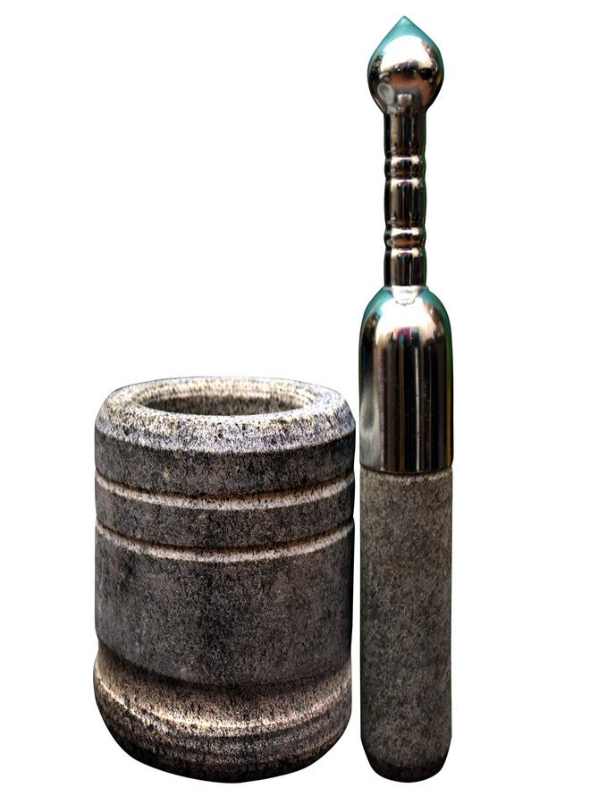EZAHK Mortar and Pestle Set with Stainless Steel Handle for Spices (6 inch), Okhli Masher, Ural, Khalbatta, Kharal, Mixer, Natural & Traditional Grinder Musal, Well Design for Kitchen and Home - Image 3